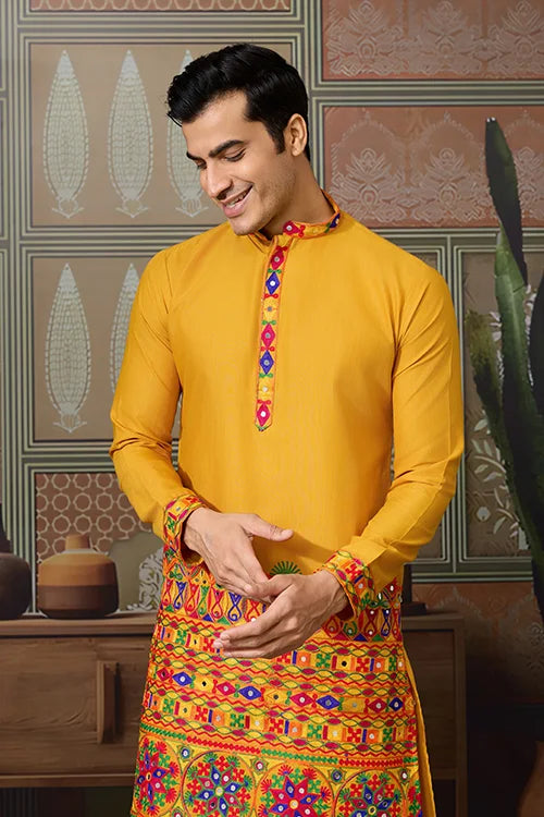 Classic Yellow Cotton Mens Ready to Wear Kurta for Navratri