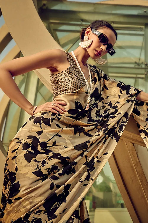 Elegant Black Satin Crepe Digital Printed Saree Collection