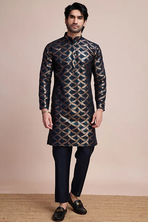 Navy Designer Silk Kurta With Thread Work
