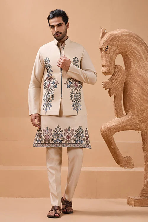 Tendy Beige Wedding Special Koti Kurta Set for Mens Wear
