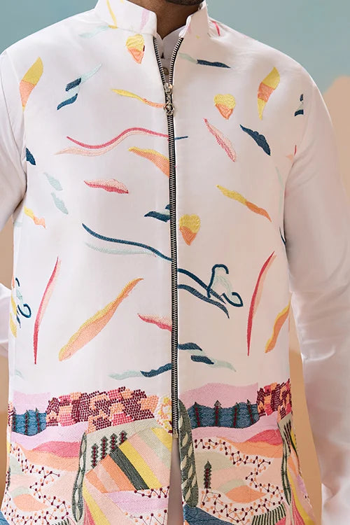 White Wedding Wear Carnival Koti Kurta Pair for Mens Wear