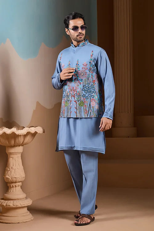 Vibrant Sky Blue Koti Kurta Pajama for Mens Outfits