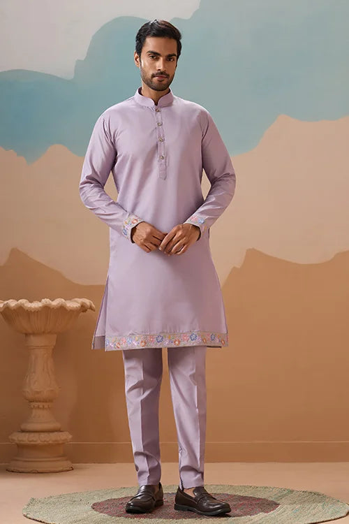 Trendy Lavender Wedding Celebration Beige Kurta Koti Pant Mens