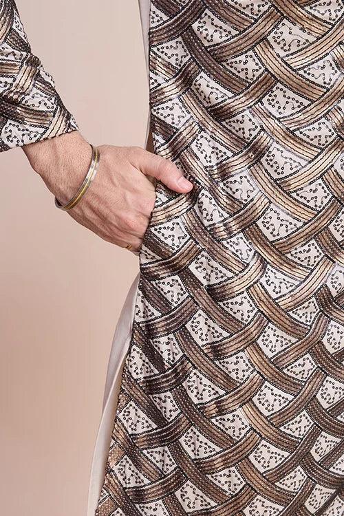 Designer Beige Silk Kurta For Men - Festival Ready Wear