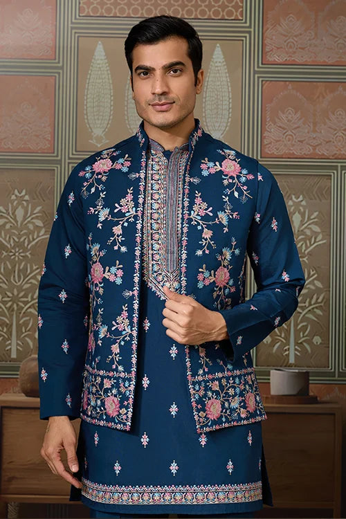 Modern Teal Blue Open Koti Kurta Set for Men