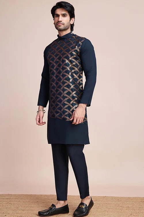 Traditional Embroidered Navy Silk Kurta For Men