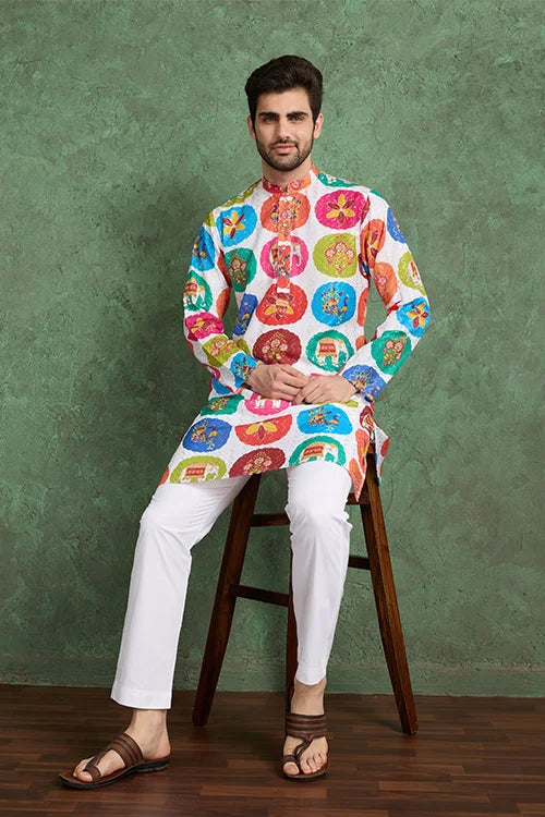 Multi Color Print with Embroidered Kurta and Pajama for Men