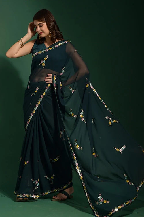 Dark Green Georgette Saree with Sequin Border