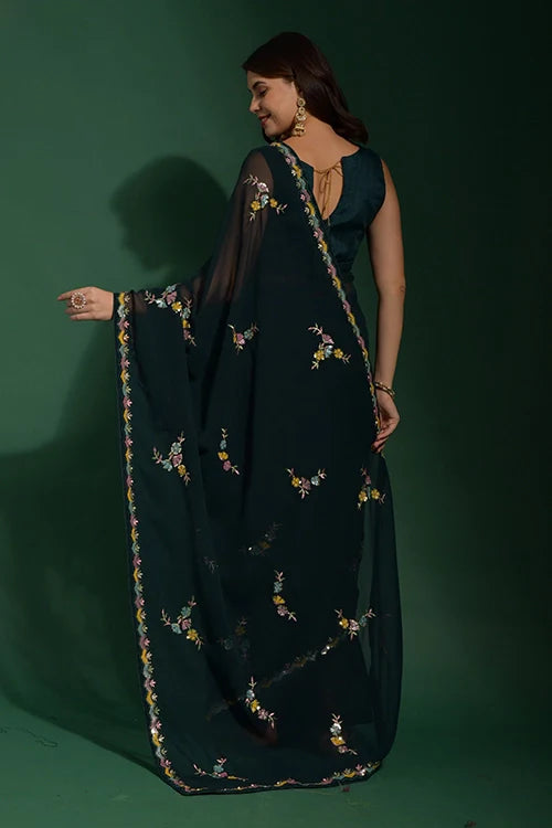 Dark Green Georgette Saree with Sequin Border