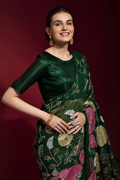 Stylish Green Georgette Saree with Thread Work