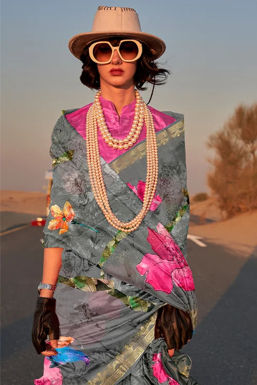 Shop The Hotest Printed Silk Saree With Fancy Blouse Piece At Shubhkala