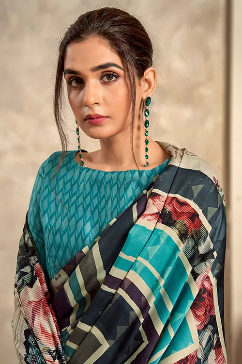 Multi Color Printed Satin Silk Saree With Blouse