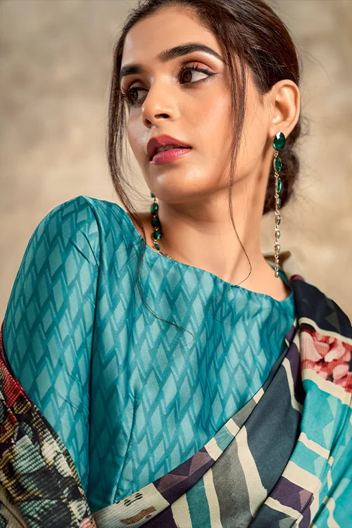 Multi Color Printed Satin Silk Saree With Blouse