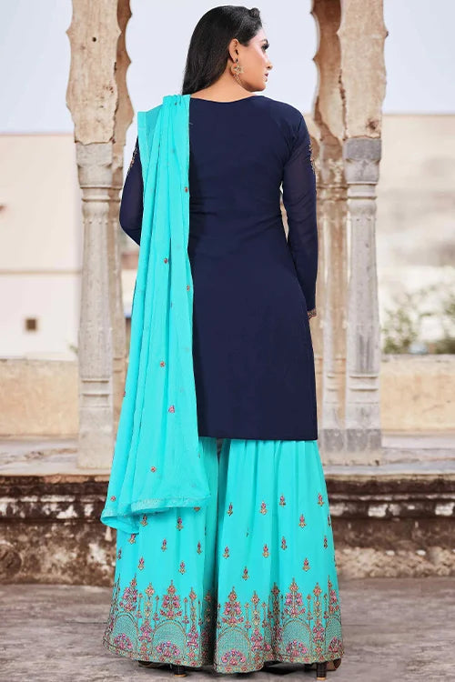 Multi Color Beautiful Zari Embroidered Kurta Palazzo Set With Dupatta