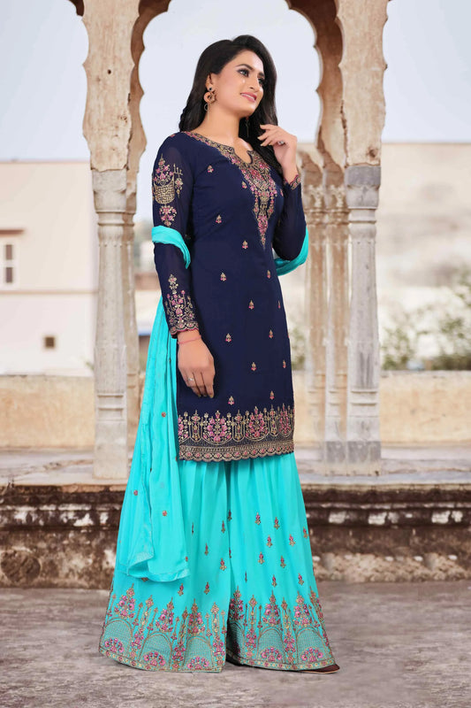Multi Color Beautiful Zari Embroidered Kurta Palazzo Set With Dupatta