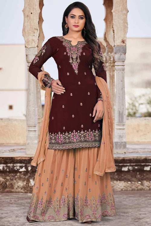Multi Color Beautiful Zari Embroidered Kurta Palazzo Set With Dupatta