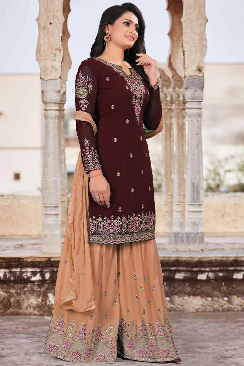 Multi Color Beautiful Zari Embroidered Kurta Palazzo Set With Dupatta