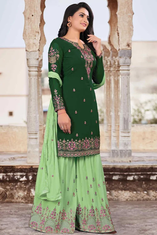 Multi Color Beautiful Zari Embroidered Kurta Palazzo Set With Dupatta
