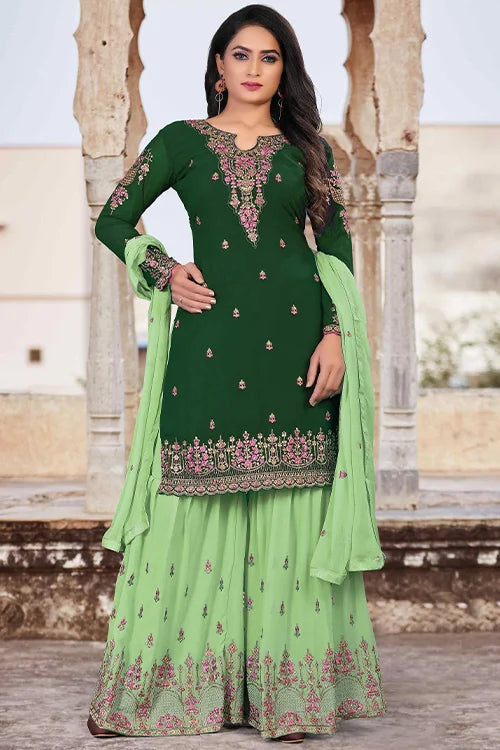 Multi Color Beautiful Zari Embroidered Kurta Palazzo Set With Dupatta