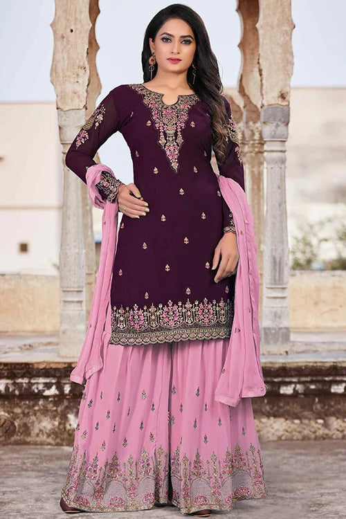 Multi Color Beautiful Zari Embroidered Kurta Palazzo Set With Dupatta