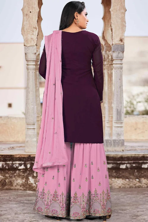 Multi Color Beautiful Zari Embroidered Kurta Palazzo Set With Dupatta