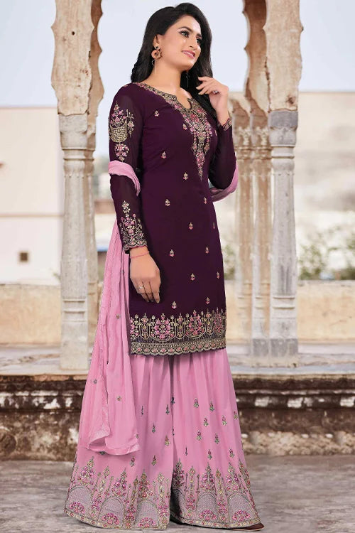 Multi Color Beautiful Zari Embroidered Kurta Palazzo Set With Dupatta