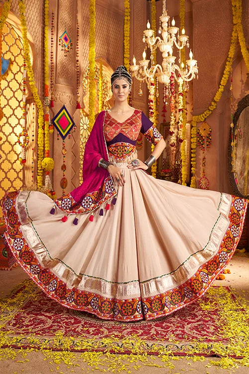 Thread Embroidered Beige Chaniya Choli For Garba Night