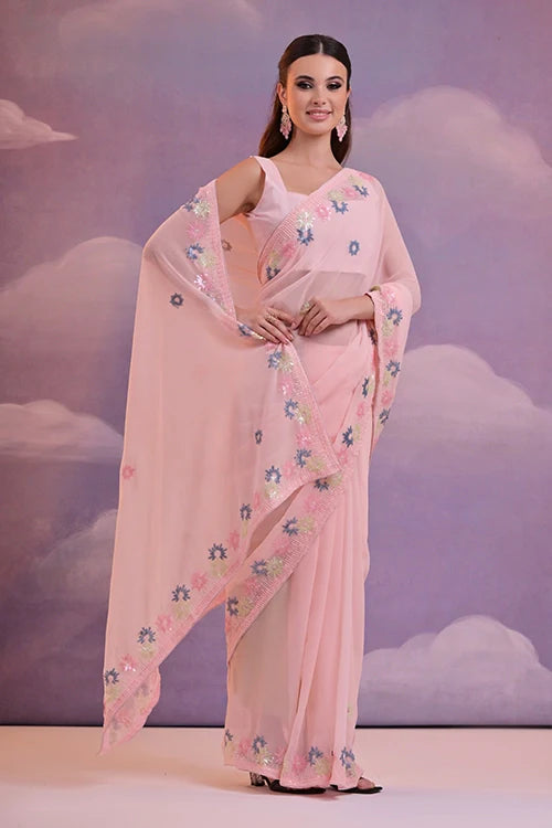 Stylish Multicolor Sequins Party Saree in Soft Georgette