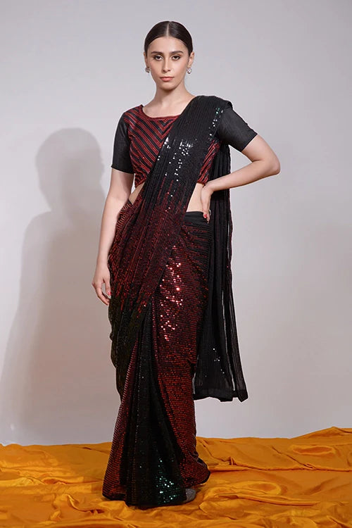Maroon Bollywood Style Saree with Unique Embroidery Work