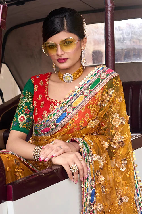 Digital Net Sequence Thread & Mirror Work Saree With Designer Blouse