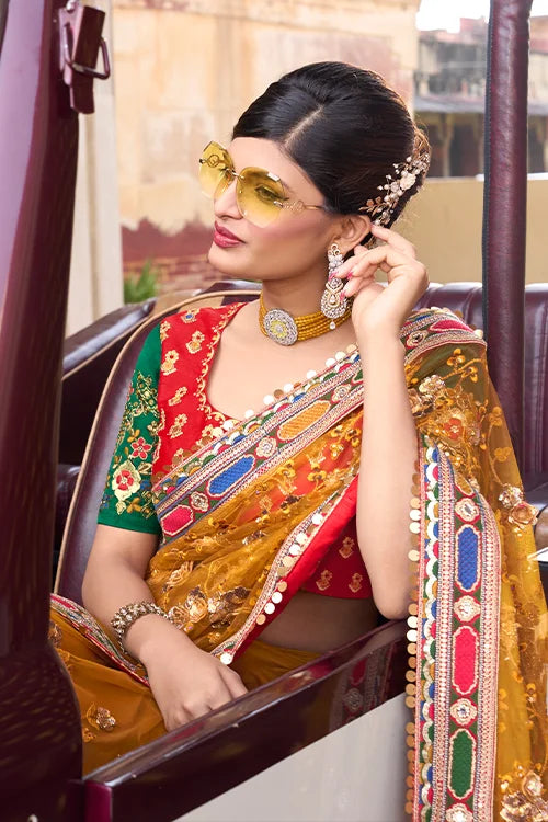 Digital Net Sequence Thread & Mirror Work Saree With Designer Blouse