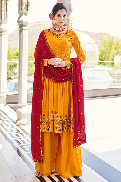 Mustard Yellow Georgette Thread And Sequins Embroidered Kurta Palazzo Set