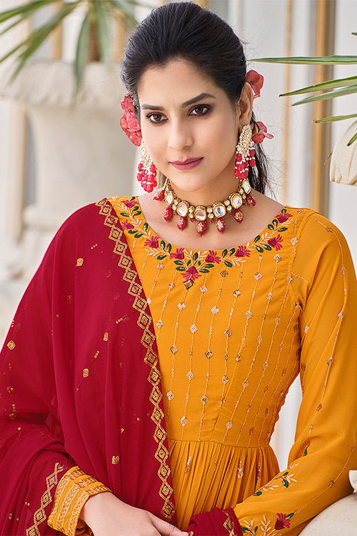 Mustard Yellow Georgette Thread And Sequins Embroidered Kurta Palazzo Set