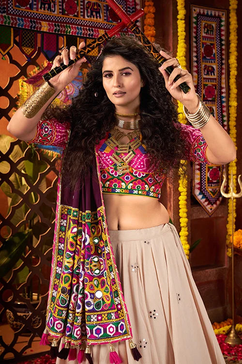Navratri Special Beige Mirror Work Chaniya Choli