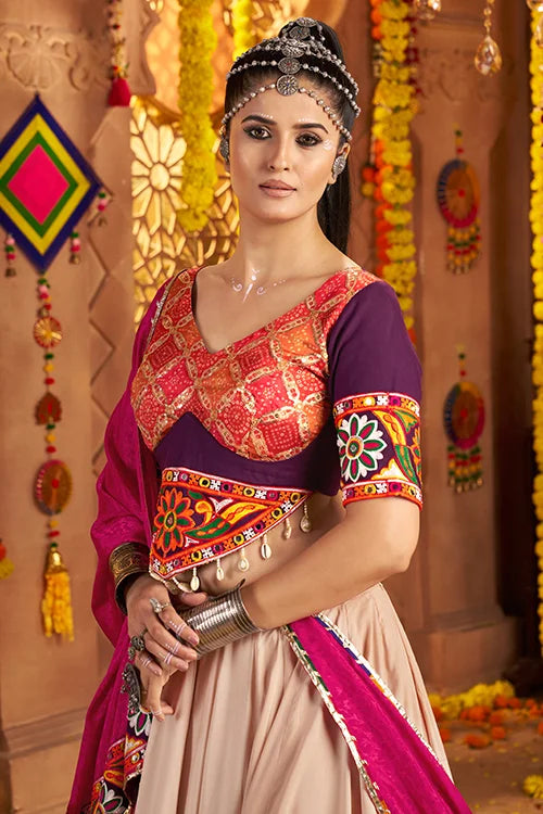 Thread Embroidered Beige Chaniya Choli For Garba Night