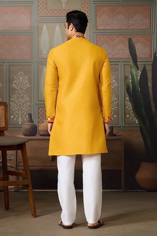 Classic Yellow Cotton Mens Ready to Wear Kurta for Navratri