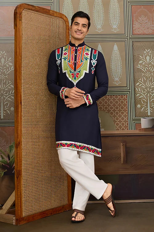 Navy Blue Embroidered Festival Wear Kurta for Men