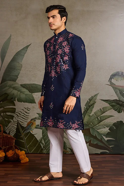 Wedding Special Navy Blue Embroidered Mens Kurta Set