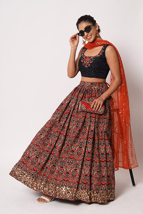 Navy Art Silk Sequence Embroidered Work Lehenga Choli