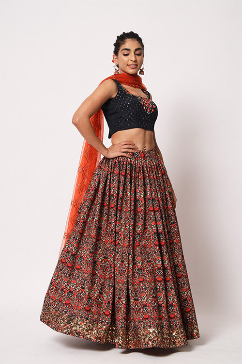 Navy Art Silk Sequence Embroidered Work Lehenga Choli