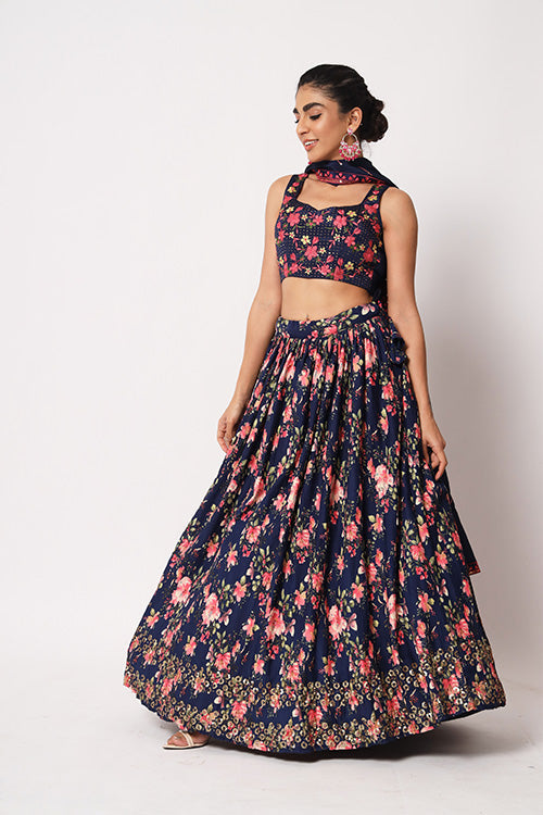 Navy Blue Art Silk Sequince Embroidered Work Lehenga Choli