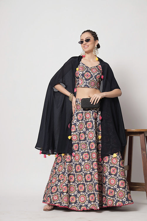 Navy Chinon Silk Print With Sequins Work Lehenga Choli