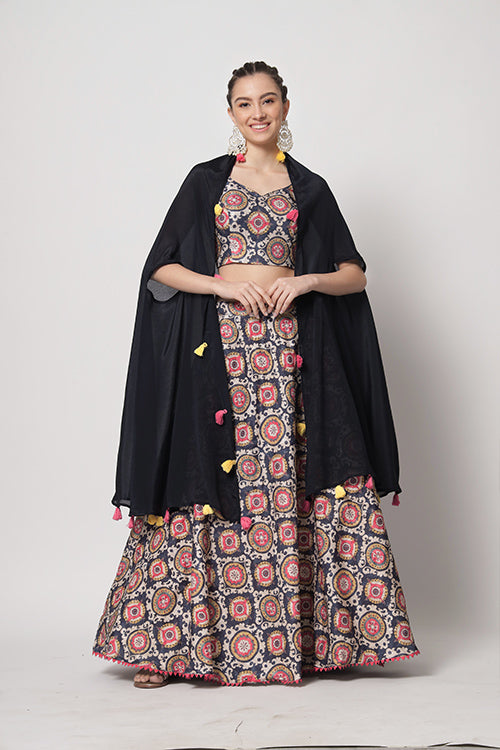 Navy Chinon Silk Print With Sequins Work Lehenga Choli