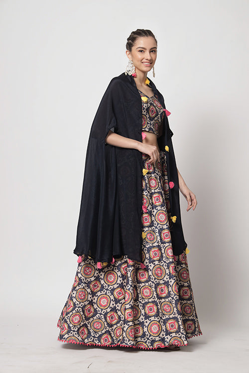 Navy Chinon Silk Print With Sequins Work Lehenga Choli