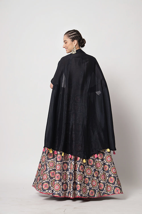 Navy Chinon Silk Print With Sequins Work Lehenga Choli