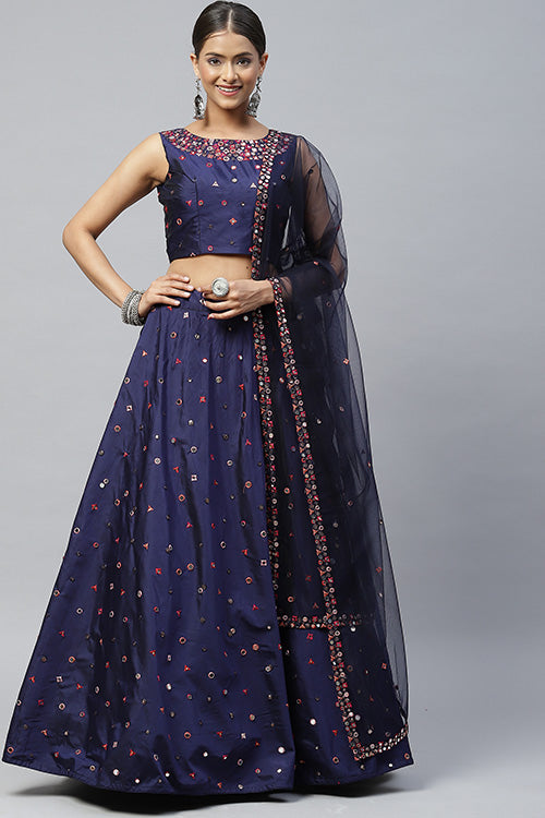 Navy blue Silk Designer Party Wear Mirror Work Lehenga Choli