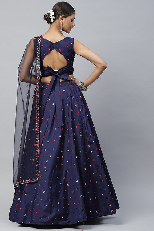 Navy blue Silk Designer Party Wear Mirror Work Lehenga Choli
