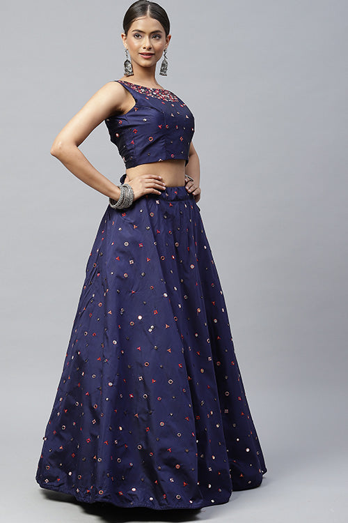 Navy blue Silk Designer Party Wear Mirror Work Lehenga Choli