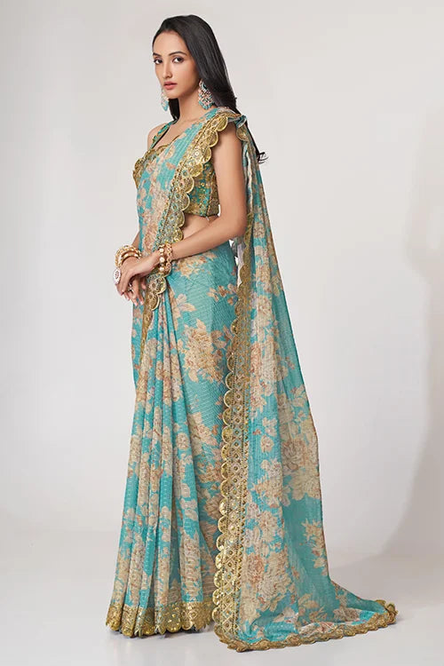 New Colection For Saree Wedding Wear Sky Blue Colour