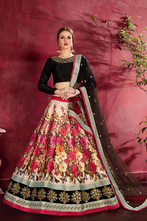 New Collection Floral Printed Lehenga Choli With Dupatta Black-Multi Colour